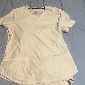 Cherokee brand: Cream Scrub Set both large. Bottoms are slim straight leg fit.